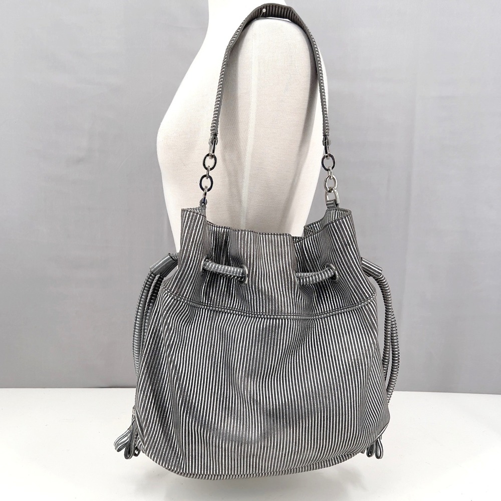 Vintage Calvin Klein Leather Silver Metallic Stripe Gray Hobo Bag Tassels Y2K